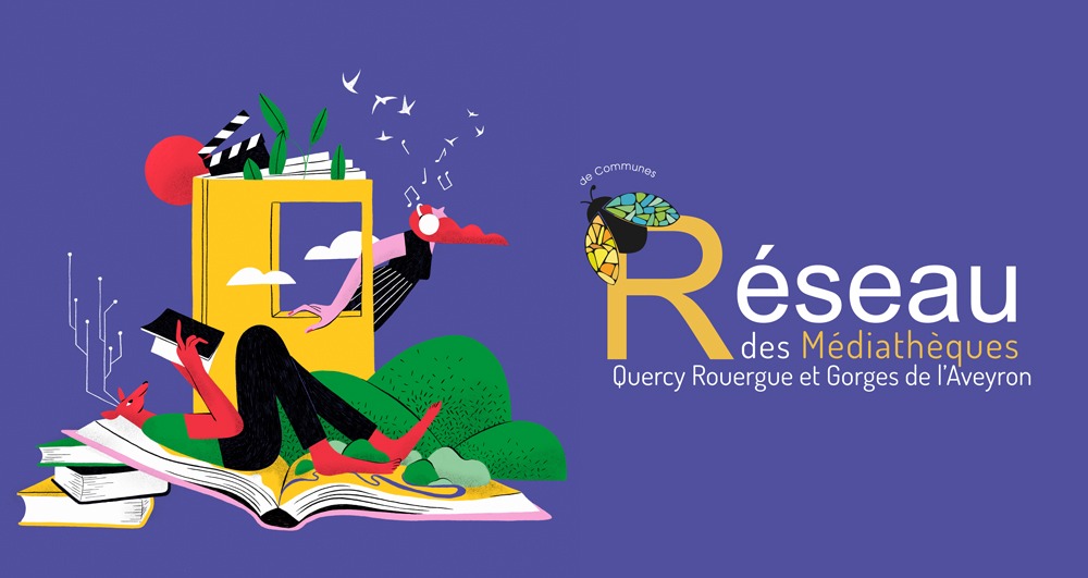 Logo du réseau des médiathèques Quercy-Rouergue et Gorges de l'Aveyron, visuel représentant un cerf lisant un livre allongé sur une colline et une personne qui écoute de la musique