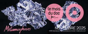 le mois du doc - thème 2025 métamorphoses. L'image représente des cristaux en blanc sur fond noir.